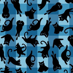 Black Cats Yoga plaid - blue gingham, cat gingham, black cat