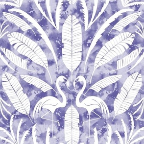 Tropical  Summer Palms and Flamingo Damask - white on cornflower blue