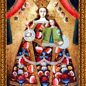 6 candles Jesus Christ Virgin Mary Christianity Catholic religious mother Madonna child baby roses crown floral flowers gown dress red green brown gold frame flowers lace motherhood long hair embroidery pearls bows beautiful lady woman Victorian 17th cent