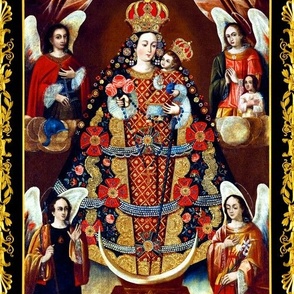 2 Jesus Christ Virgin Mary Christianity Catholic religious mother Madonna child baby motherhood crown floral flowers gown dress red gold roses angels 4 four saints rosary crucifix cross long hair lace embroidery pearls bows praying wings lace black frame 