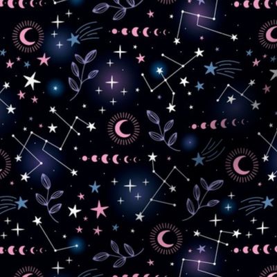 Magic constellation galaxy moon phase and starlight pink navy black 