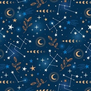 Magic constellation galaxy moon phase and starlight golden blue navy navy  