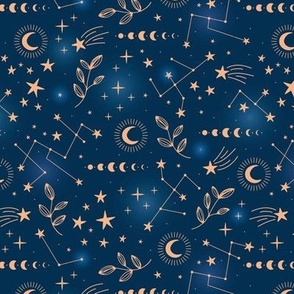 Magic constellation galaxy moon phase and starlight golden on blue 