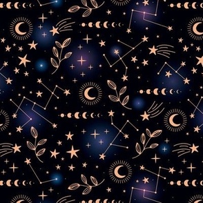 Magic constellation galaxy moon phase and starlight golden on black 