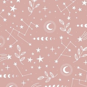 Magic boho constellation galaxy moon phase and starlight boho leaves and stars white on blush pink  mauve