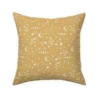 Magic boho constellation galaxy moon phase and starlight boho leaves and stars white on ochre yellow honey