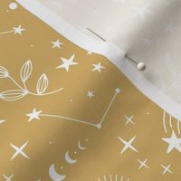 Magic boho constellation galaxy moon phase and starlight boho leaves and stars white on ochre yellow honey