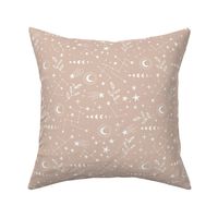 Magic boho constellation galaxy moon phase and starlight boho leaves and stars white on soft latte beige