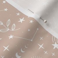 Magic boho constellation galaxy moon phase and starlight boho leaves and stars white on soft latte beige