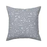 Magic boho constellation shooting star galaxy moon phase and starlight boho leaves and stars white on blue gray