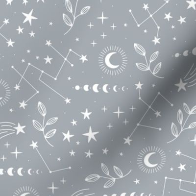 Magic boho constellation shooting star galaxy moon phase and starlight boho leaves and stars white on blue gray
