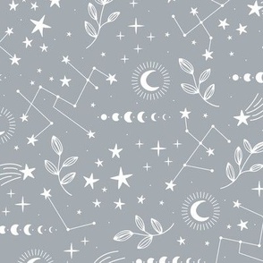 Magic boho constellation shooting star galaxy moon phase and starlight boho leaves and stars white on blue gray