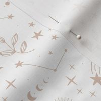 Magic boho constellation shooting star galaxy moon phase and starlight boho leaves and stars latte beige on white neutral