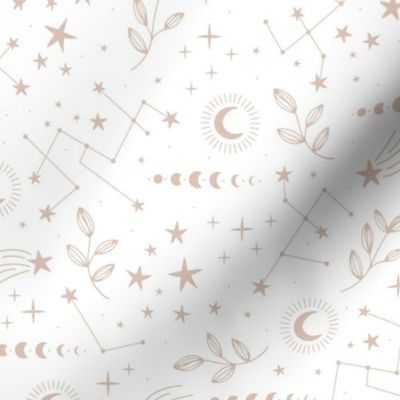 Magic boho constellation shooting star galaxy moon phase and starlight boho leaves and stars latte beige on white neutral