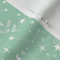 Magic boho constellation shooting star galaxy moon phase and starlight boho leaves and stars latte beige on mint green spring