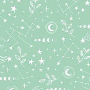 Magic boho constellation shooting star galaxy moon phase and starlight boho leaves and stars latte beige on mint green spring