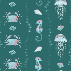 Vertical Lines Sea Creatures I Jellyfish - Crab - Seahorse I L size I 24" I on Teal I Underwater World collection