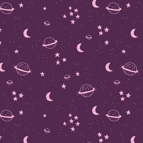 Floating planet stars and moon galaxy design pink on burgundy purple
