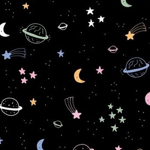 Retro style shooting stars moon phase and constellation illustration print for kids pink mint blue girls 