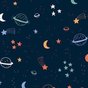 Retro style shooting stars moon phase and constellation illustration print for kids orange yellow blue mint boys  