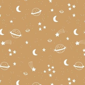 The Boho galaxy moon and stars in white on mustard yellow ochre camel