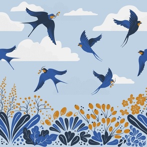 border | birds in the garden | Swallow cozy collection