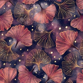 Watercolor Ginko leaves on navy purple