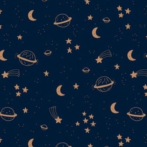 The Boho galaxy moon and stars galaxy design golden on navy blue night