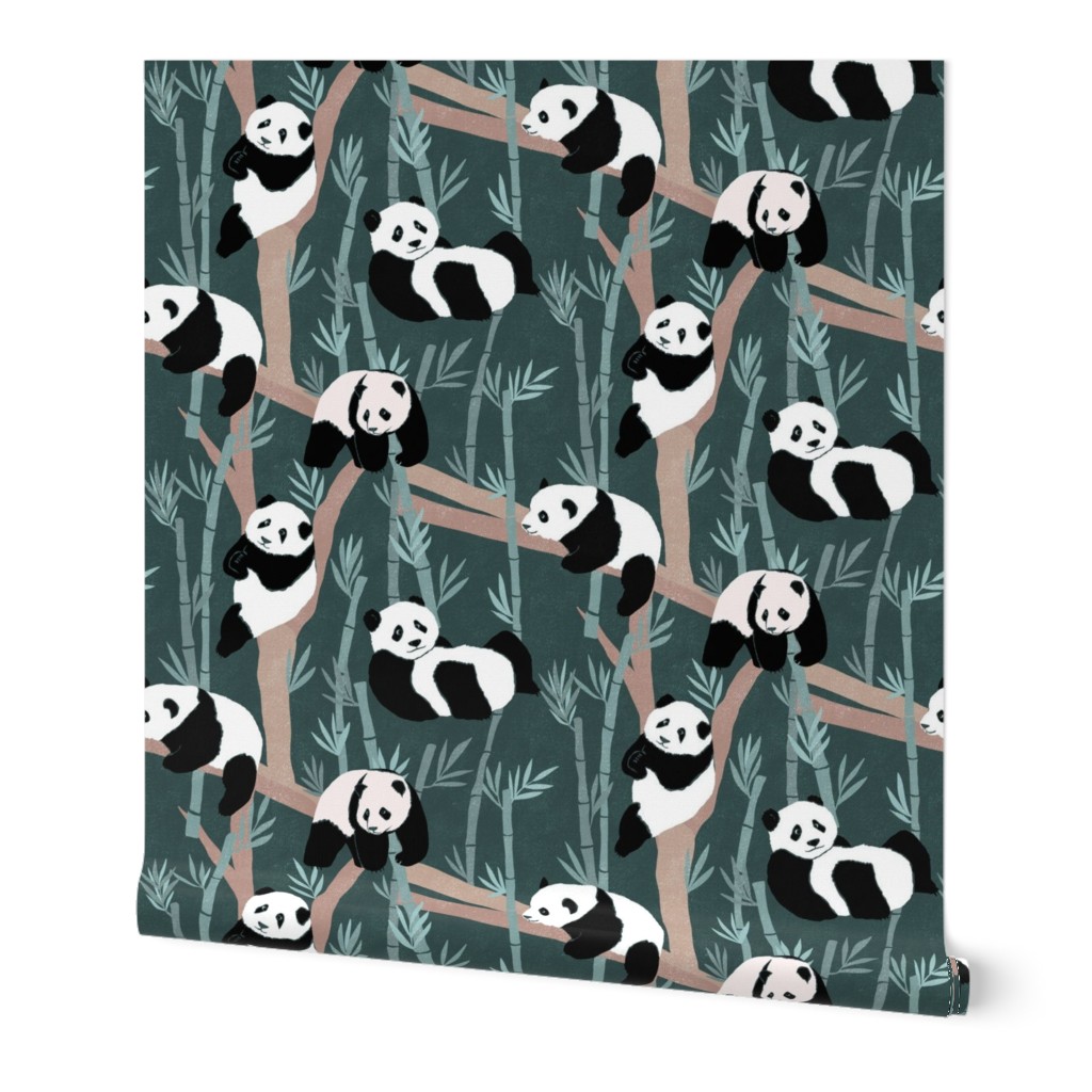 Giant Panda Party - green - textured panda bears lounging with bamboo - medium