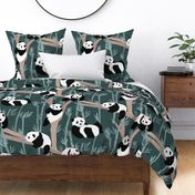 Giant Panda Party - green - textured panda bears lounging with bamboo - large