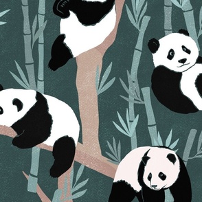 Giant Panda Party - green - textured panda bears lounging with bamboo - large