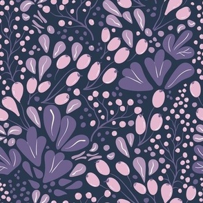 berries and leaves on navy | swallow purple  collection