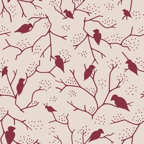 Red tree brunches and birds on tan background