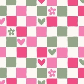 Valentines checkerboard with hearts and flowers in pinks and green - field of hearts - love checkerboard - plaid with hearts and daisies