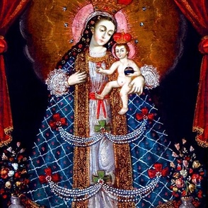 4 halo stars Jesus Christ Virgin Mary Christianity Catholic religious mother Madonna child baby crown floral flowers gown dress dark blue crisscross Trellis gold flowers lace motherhood long hair embroidery pearls bows beautiful lady woman Victorian cresc