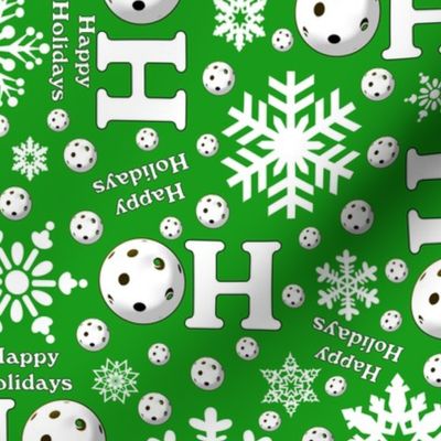 Pickleball Snowballs and Snowflakes on Green Happy Holidays