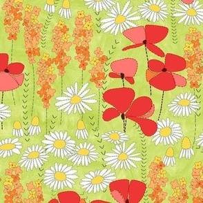 Red poppies and white daisies on green rapport150dpi