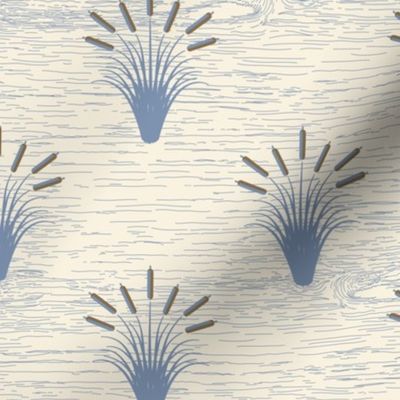 Cattails & Jumping Fish 2: Chambray Blue & Brown 1940s Lake Print, Retro Rustic Lodge, Cabin