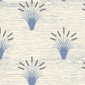 Cattails & Jumping Fish: Chambray Blue & Brown 1940s Lake Print, Retro Rustic Lodge, Cabin