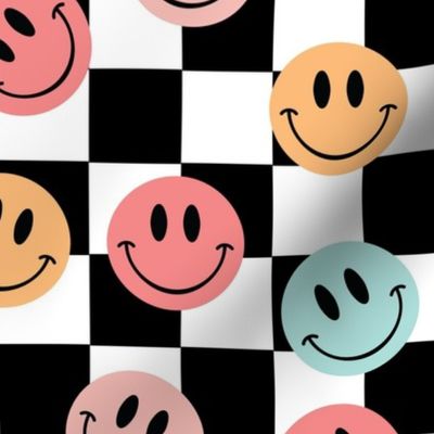 Pastel Happy Faces on Black and White Checker