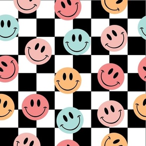 Pastel Happy Faces on Black and White Checker