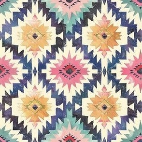 Small Scale Watercolor Tribal Southwestern Aztec Soft Shades on Navy