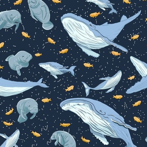 Humpbacks and Manatees with yellow fish on NAVY_medium scale