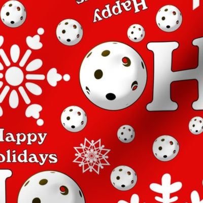 Pickleball Snowflakes on Red - Happy Holidays