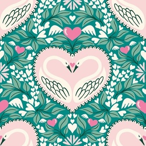 valentine swans/pink and green/large