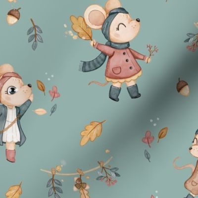 Playing in the leaves - mint - LARGE
