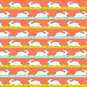 White running rabbits on colorful stripes