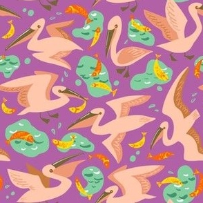 Pelicans fishing, on a purple background, kids pattern