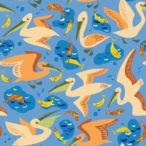 Pelicans fishing, on a blue background, kids pattern