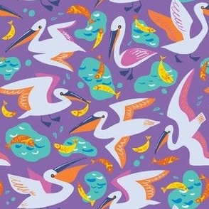 Pelicans fishing, on a violet background, kids pattern